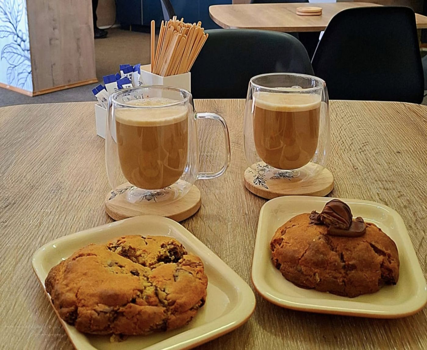 Cappuccinos with giant filled cookies