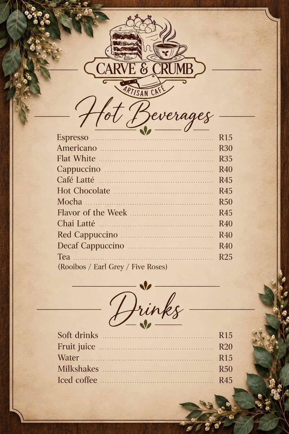 Drinks menu