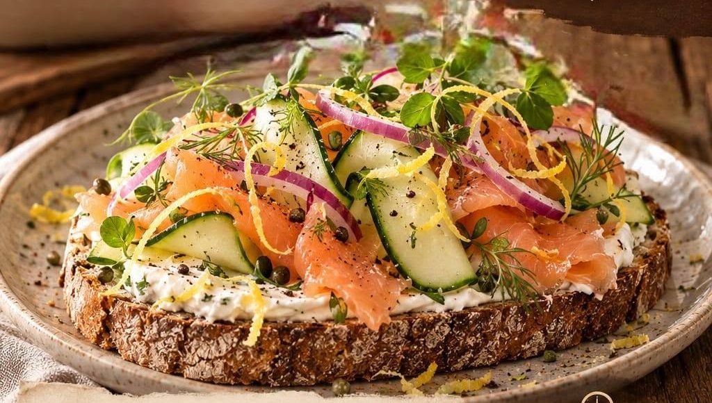 Smoked trout, cucumber and cream cheese open sandwich